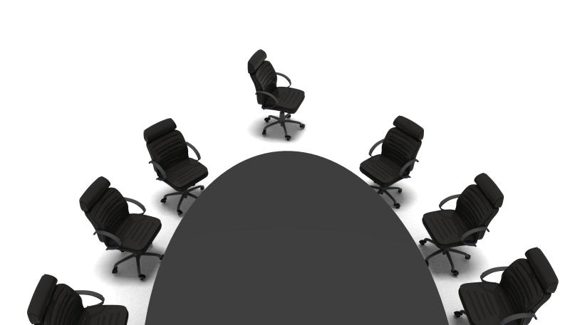 Czarny stół konferencyjny otoczony czarnymi fotelami na białym tle